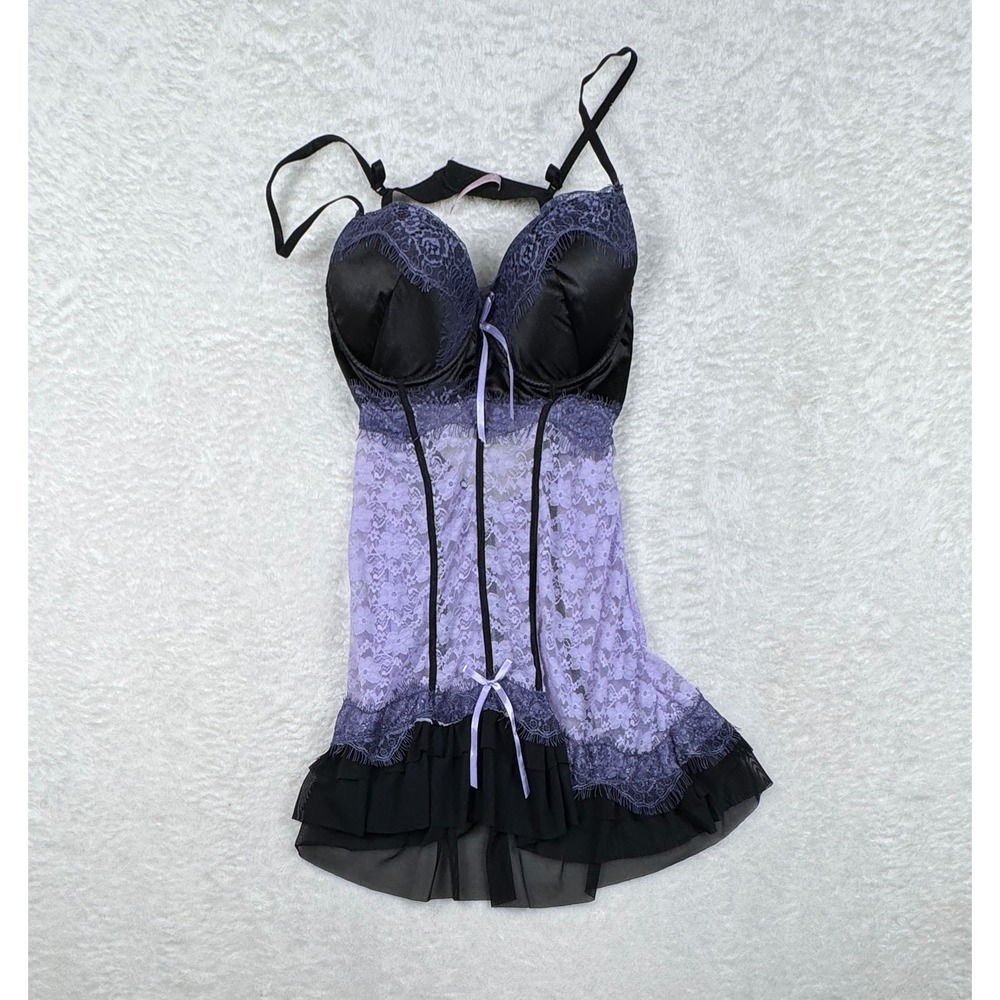 Native Intimates 36B Babydoll Lace Coquette Chemise Lingerie Women  Purple Black